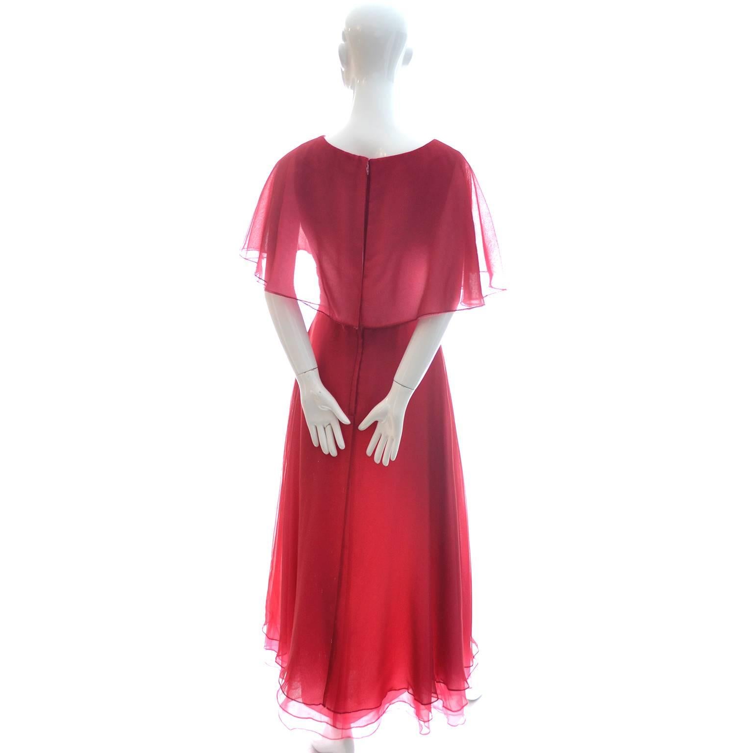 Women's Miss Elliette Vintage Dress Pink Red Chiffon 1970s Layered Maxi 6