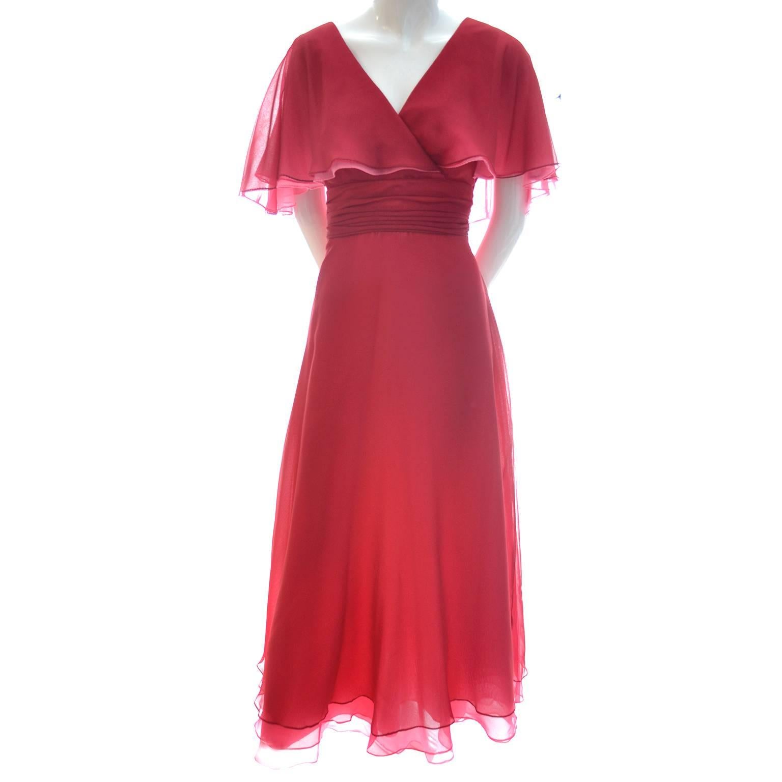 Miss Elliette Vintage Dress Pink Red Chiffon 1970s Layered Maxi 6 at ...