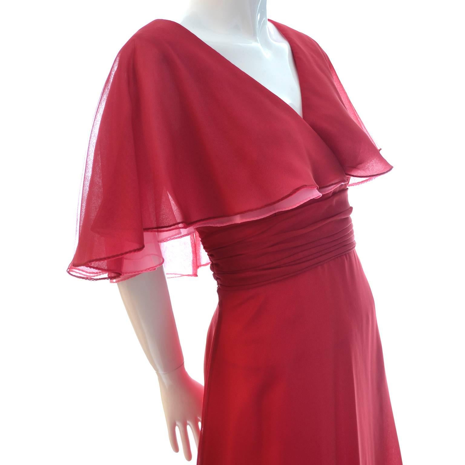 Miss Elliette Vintage Dress Pink Red Chiffon 1970s Layered Maxi 6 In Excellent Condition In Portland, OR