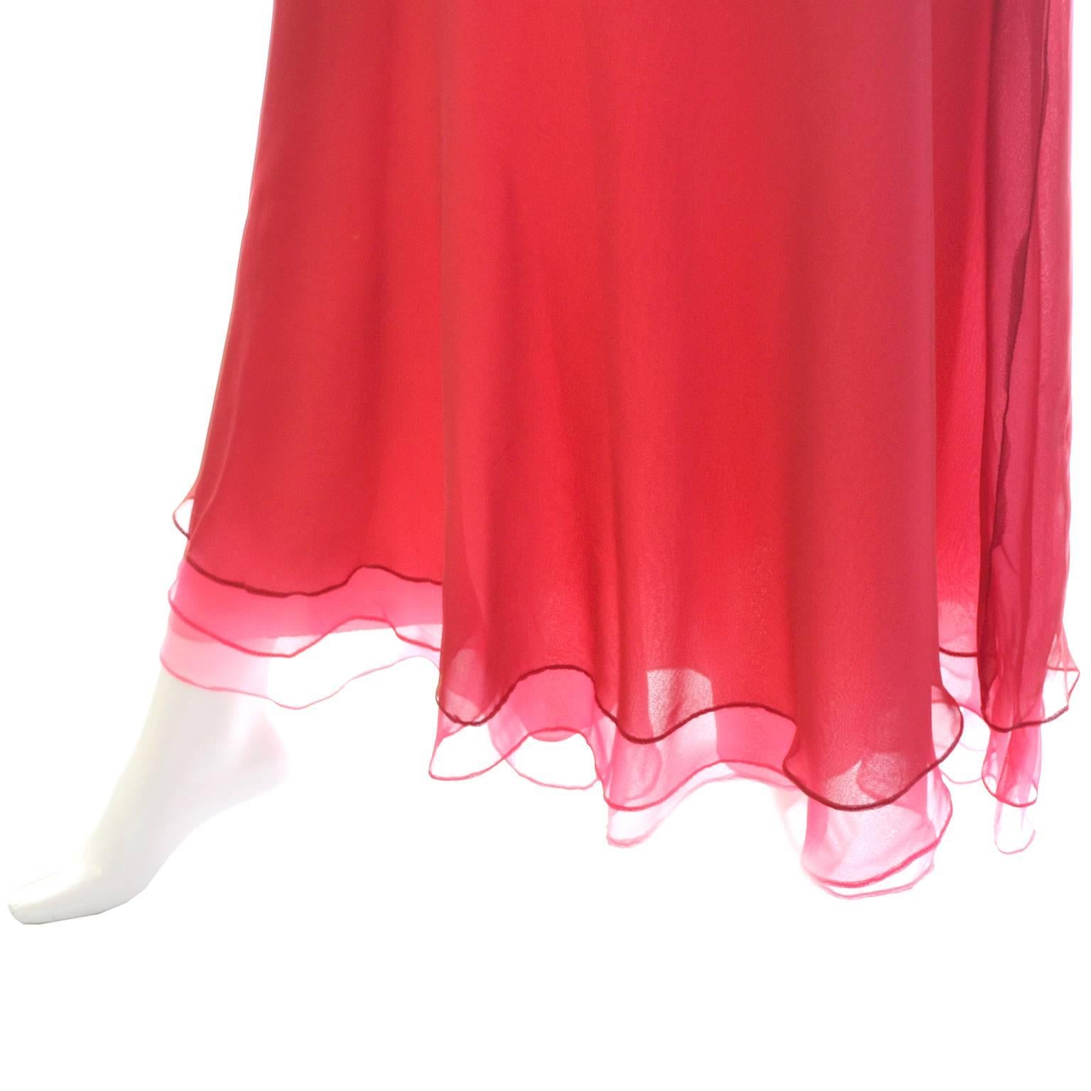 Miss Elliette Vintage Dress Pink Red Chiffon 1970s Layered Maxi 6 1