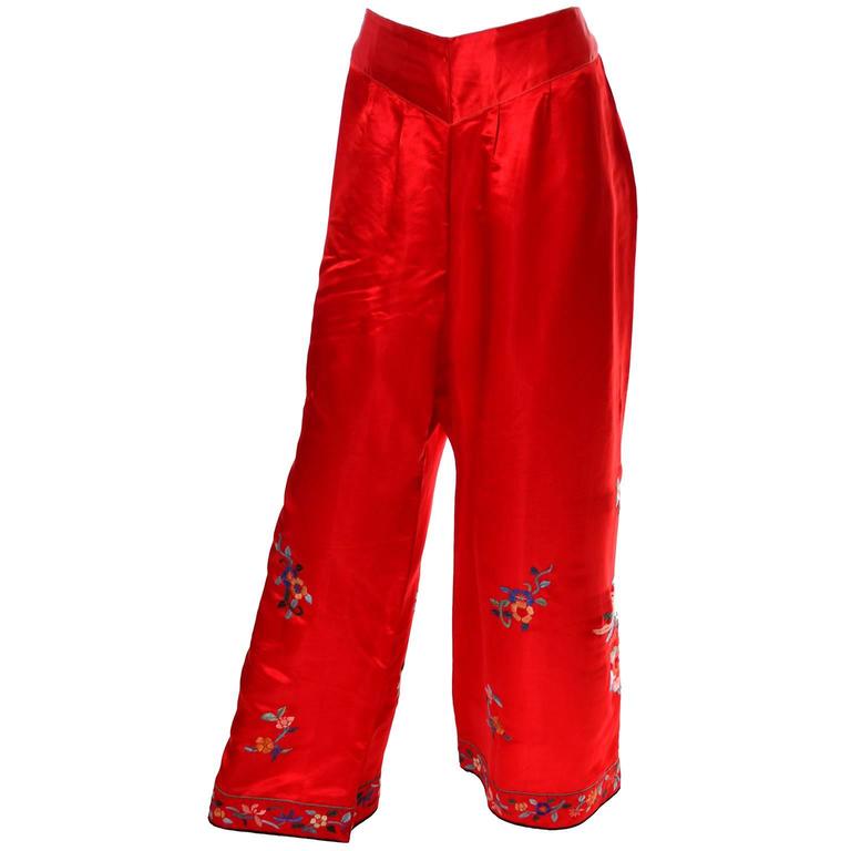 1940s Vintage Chinese Pajamas Red Silk Embroidered Top and Bottoms at ...