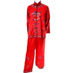 1940s Vintage Chinese Pajamas Red Silk Embroidered Top and Bottoms