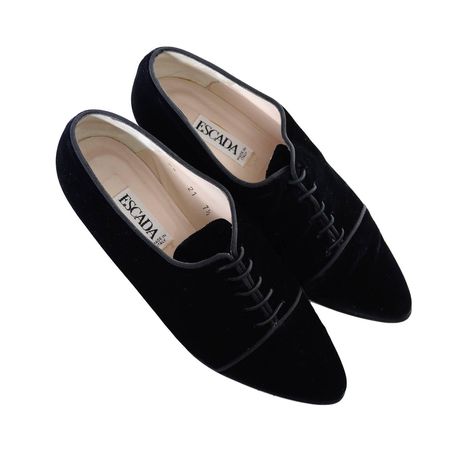 I love these vintage black velvet shoes from Escada!  These jazz style shoes have a pointed toe, 2 and 1/4" heel and decorative laces. The velvet is trimmed in black satin and other than minor sole scuffing, the shoes are in excellent