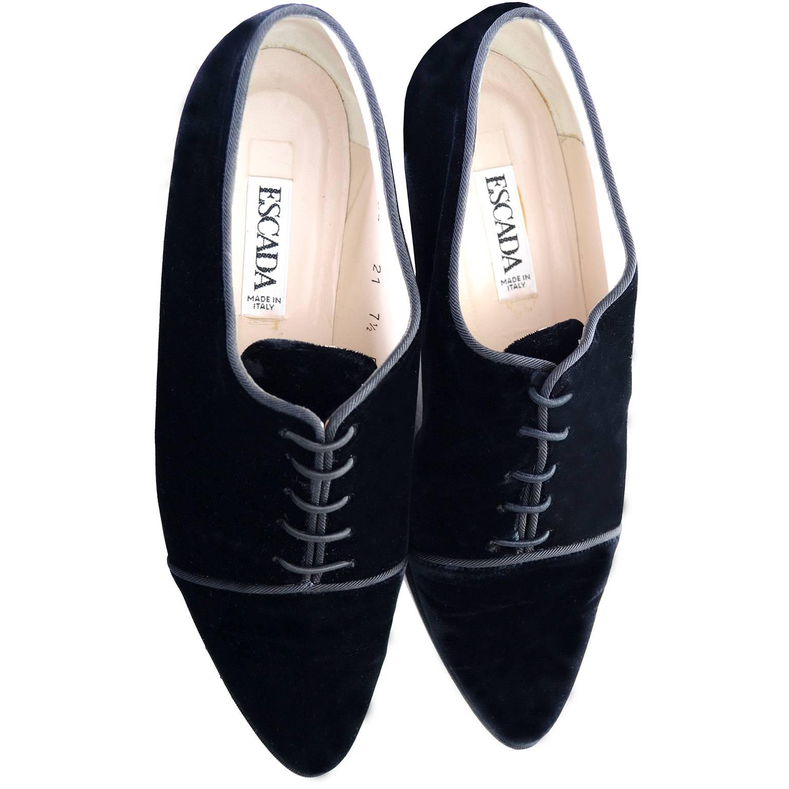 Vintage Escada Shoes Black Velvet Lace Up Pointed Toe 7.5 1