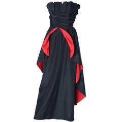 1980's Dramatic Black Red Strapless Taffeta Vintage Dress Evening Gown