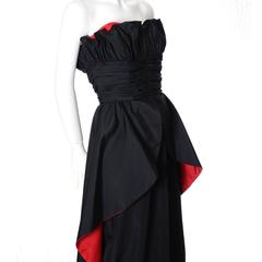 1980's Dramatic Black Red Strapless Taffeta Vintage Dress Evening Gown