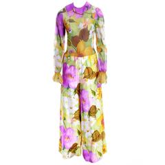 Deadstock Vintage Tina Leser Jumpsuit & Vest In Bold Floral Satin & Chiffon