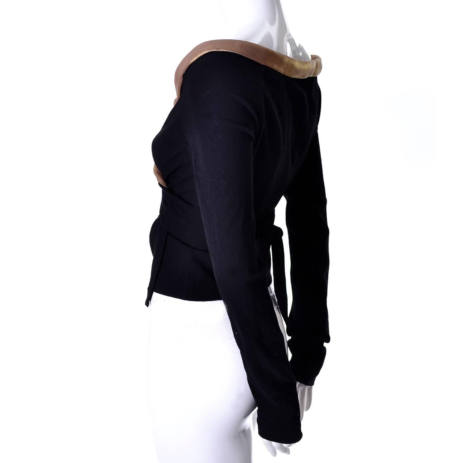 Donna Karan Black Stretch Crepe Wool Vintage Wrap Top with Gold Trim NWT Small In New Condition In Portland, OR