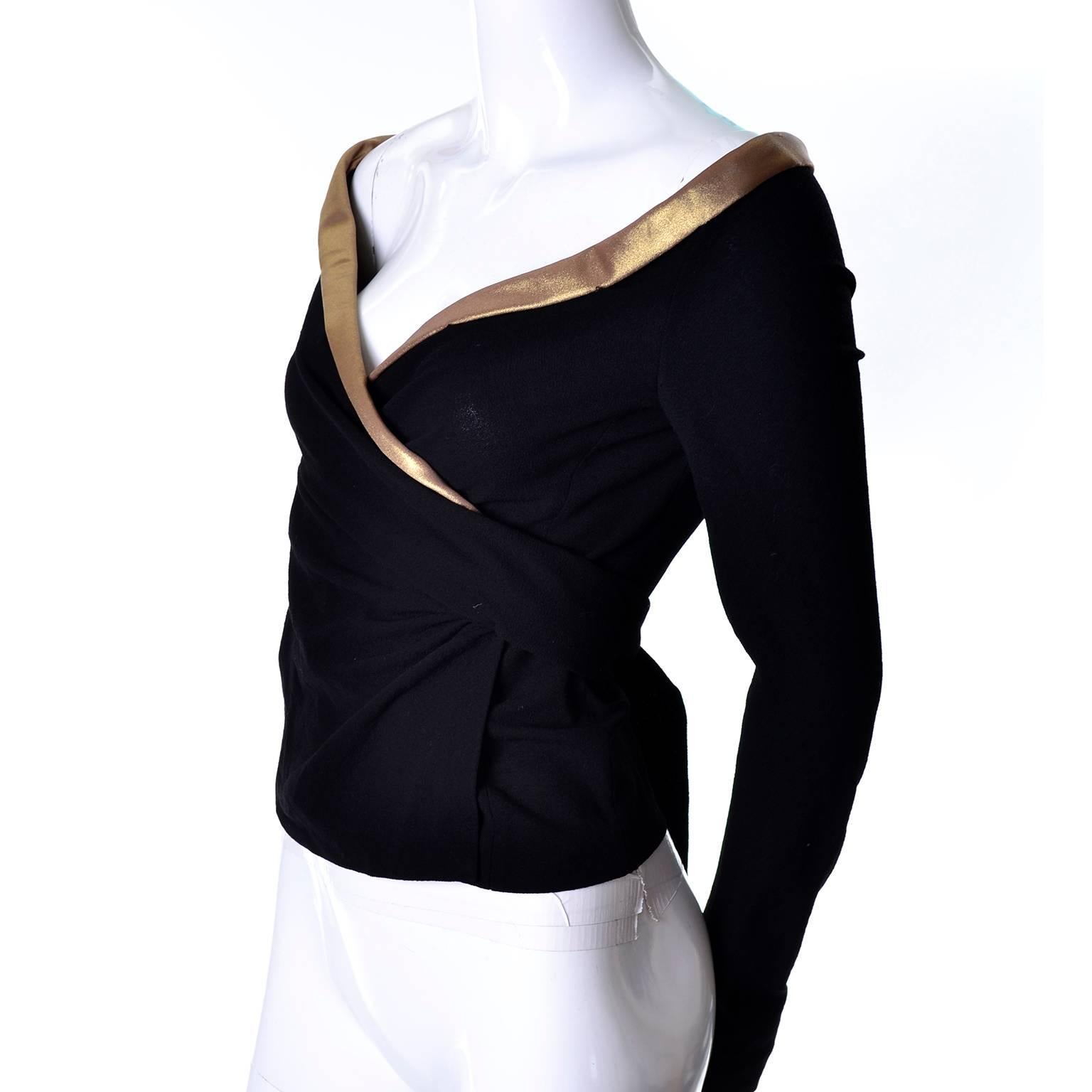 Women's Donna Karan Black Stretch Crepe Wool Vintage Wrap Top with Gold Trim NWT Small