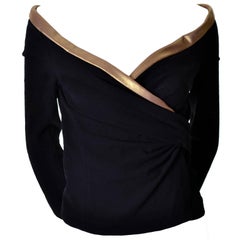 Donna Karan Black Stretch Crepe Wool Vintage Wrap Top with Gold Trim NWT Small