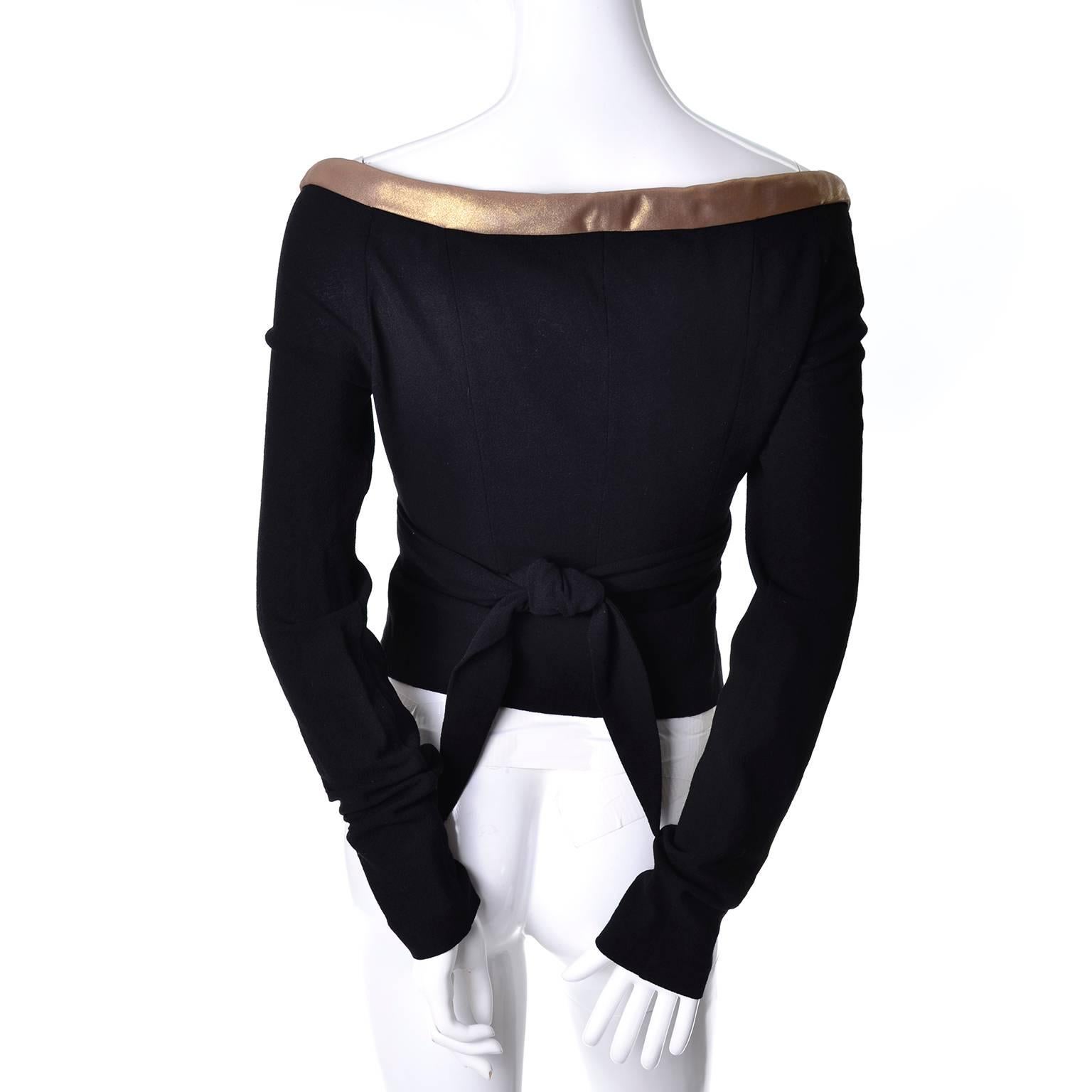 Donna Karan Black Stretch Crepe Wool Vintage Wrap Top with Gold Trim NWT Small 1
