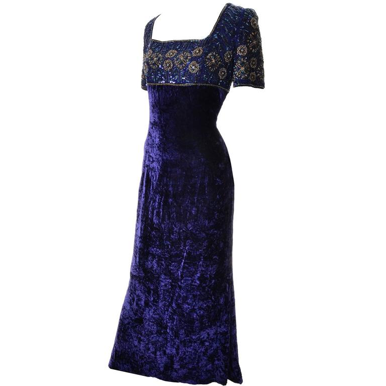 Escada Couture Vintage Blue Crushed Velvet Dress Evening Gown W Escada Couture Vintage Blue Crushed Velvet Dress Evening Gown W Beads Sequins For