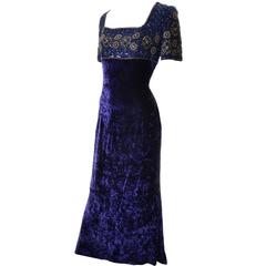 Escada Couture Vintage Crushed Velvet Dress Beading Sequins Evening Gown 40 6
