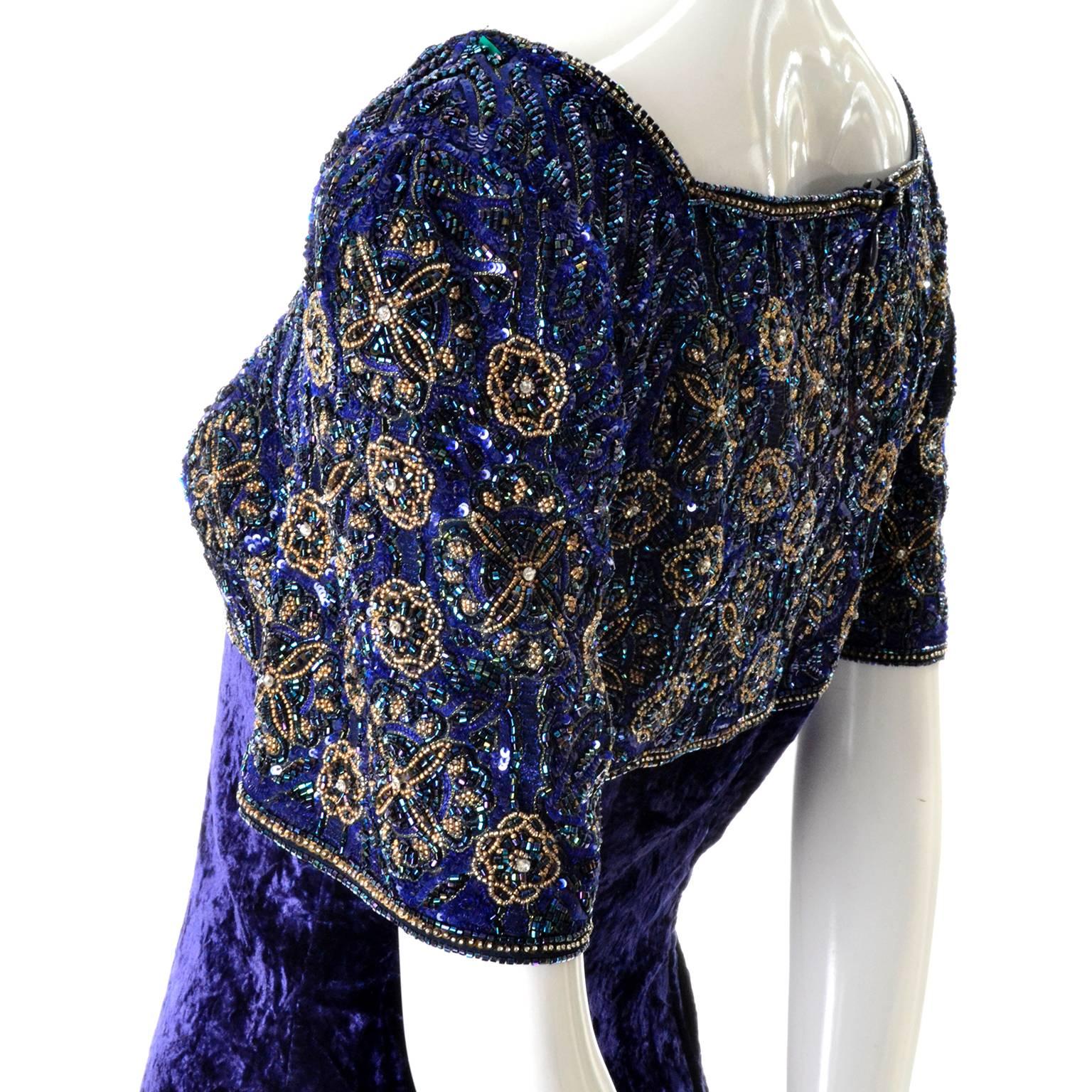 Black Escada Couture Vintage Blue Crushed Velvet Dress Evening Gown W Beads & Sequins 