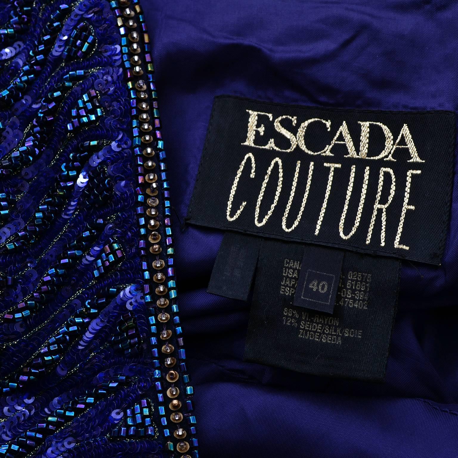 Escada Couture Vintage Blue Crushed Velvet Dress Evening Gown W Beads & Sequins  In Excellent Condition In Portland, OR
