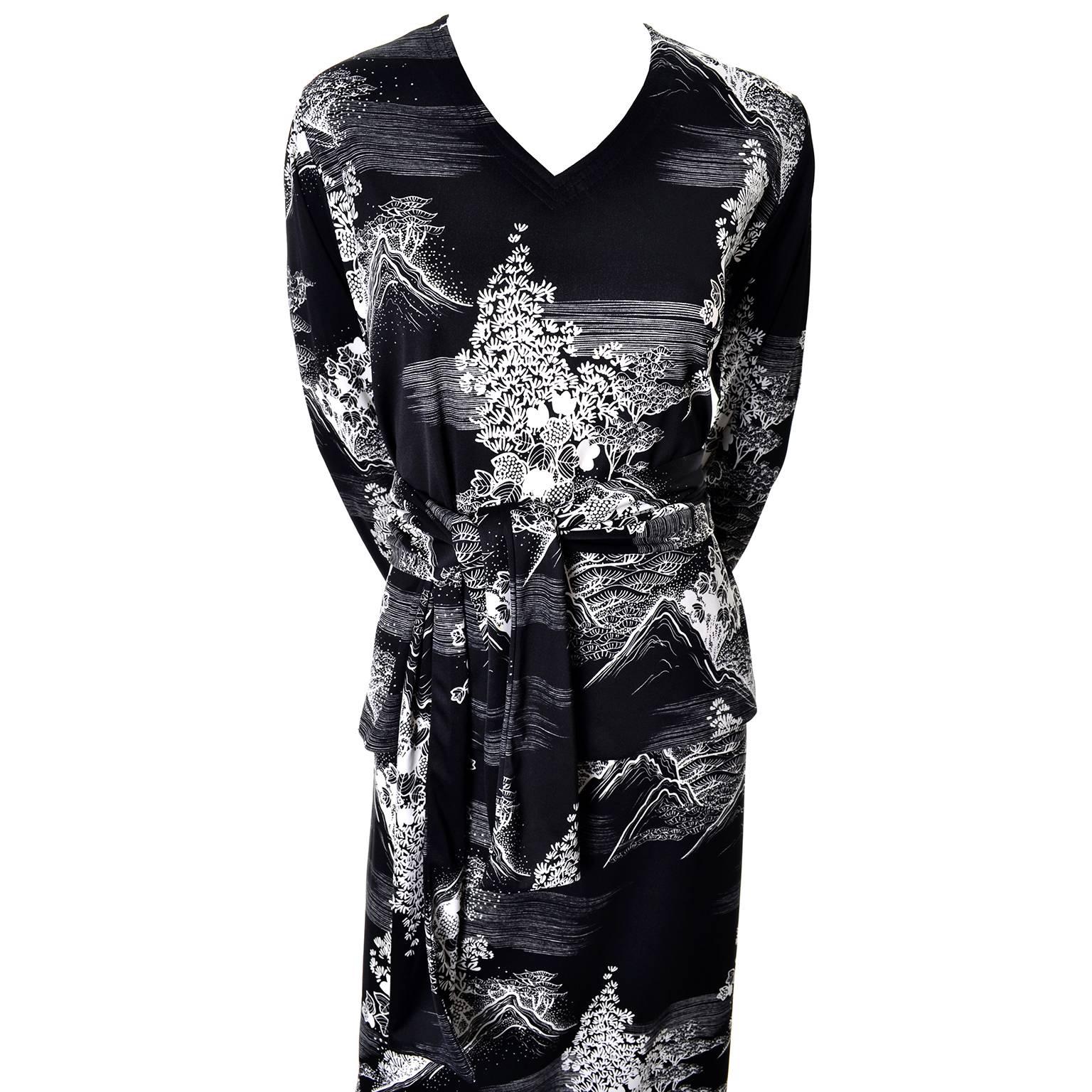 Lanvin 1970s Vintage 2pc Jersey Dress With Sash Black & White Print 1