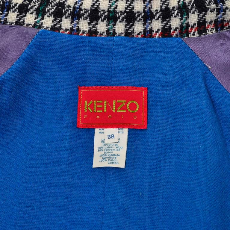 1980s Kenzo Vintage Coat Wool Houndstooth Plaid Check Multi Color at