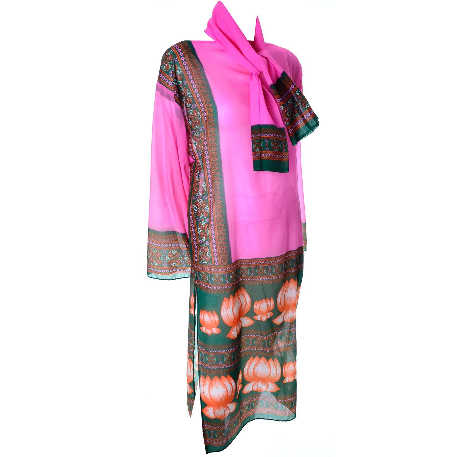 Women's Bob Bugnand Boutique Paris New York Vintage Pink Caftan Tunic With Scarf