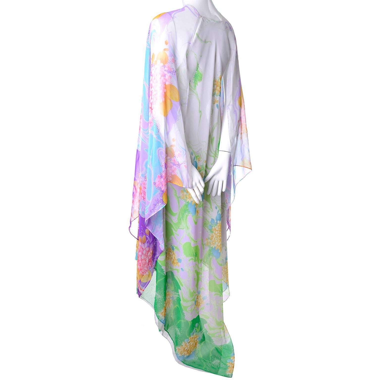 1970s Vintage Chiffon Caftan Flowing Floral Print In Excellent Condition In Portland, OR