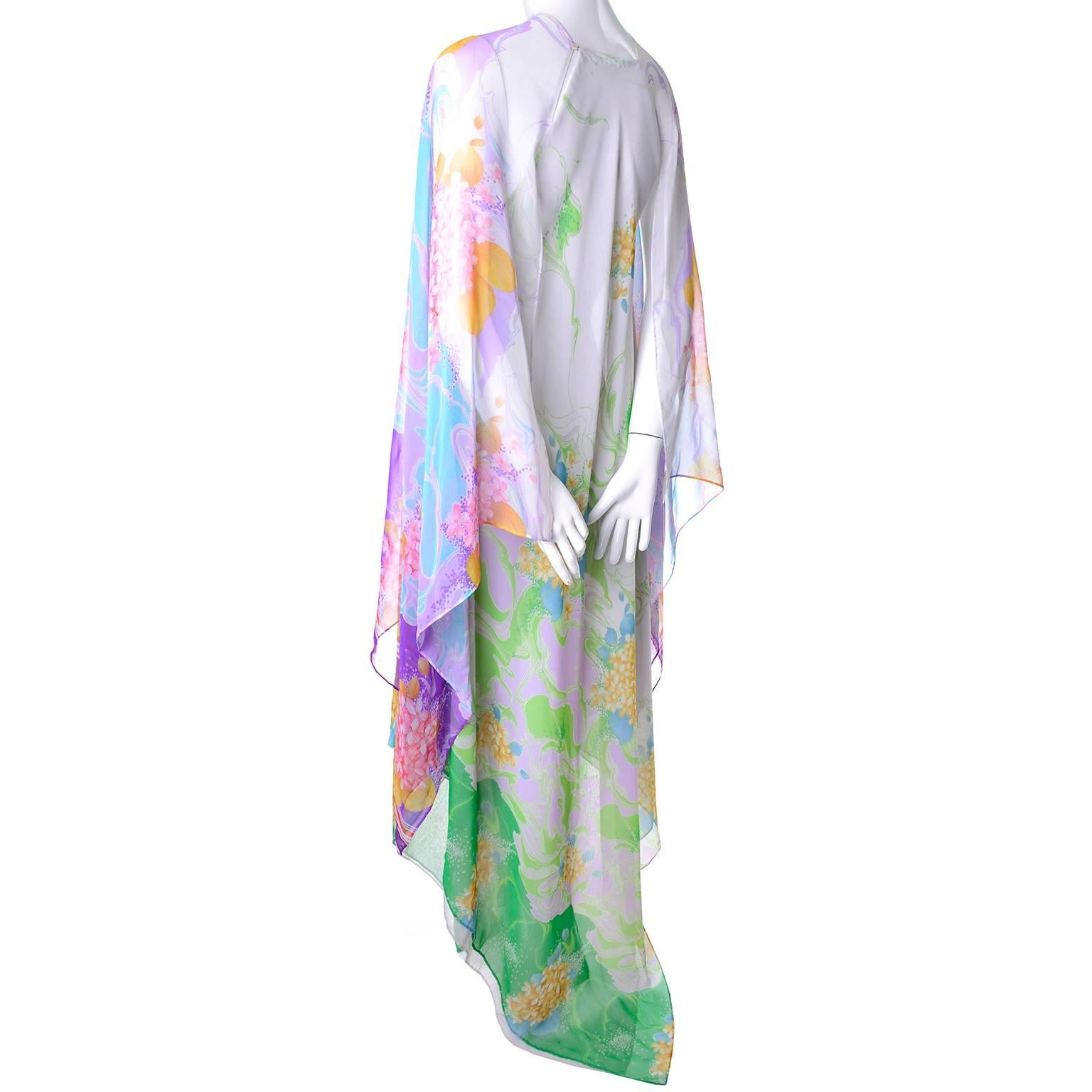 1970s Vintage Chiffon Caftan Flowing Floral Print at 1stDibs