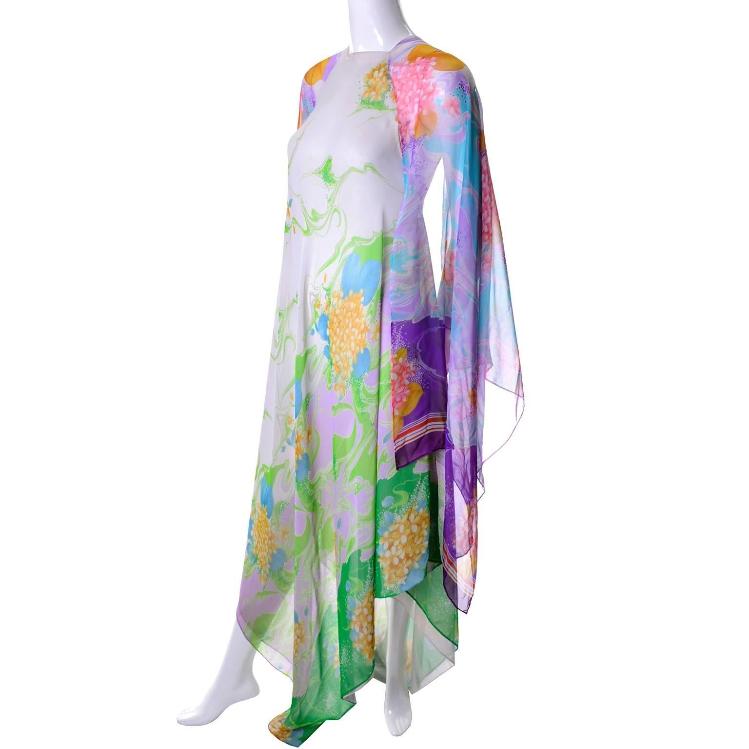 1970s Vintage Chiffon Caftan Flowing Floral Print 