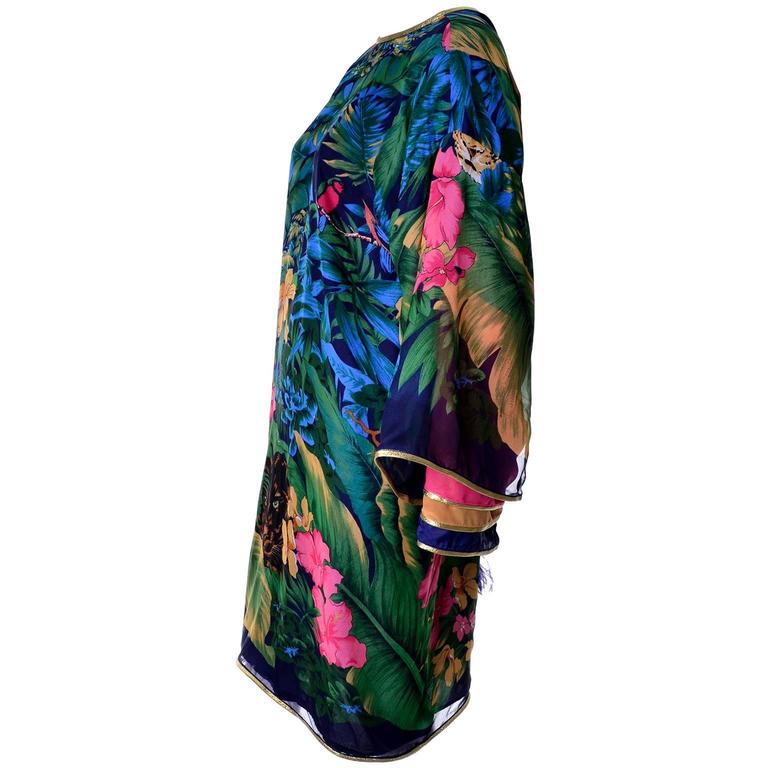 Vintage Floral Silk Caftan Dress Gold Trim Layered Sleeves Jeweled