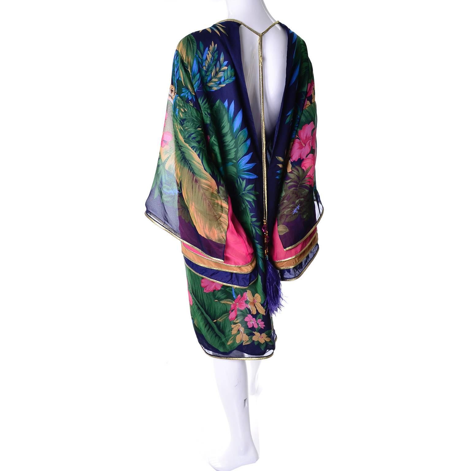 Black Vintage Floral Silk Caftan Dress Gold Trim Layered Sleeves Jeweled Tassels 6/8 For Sale
