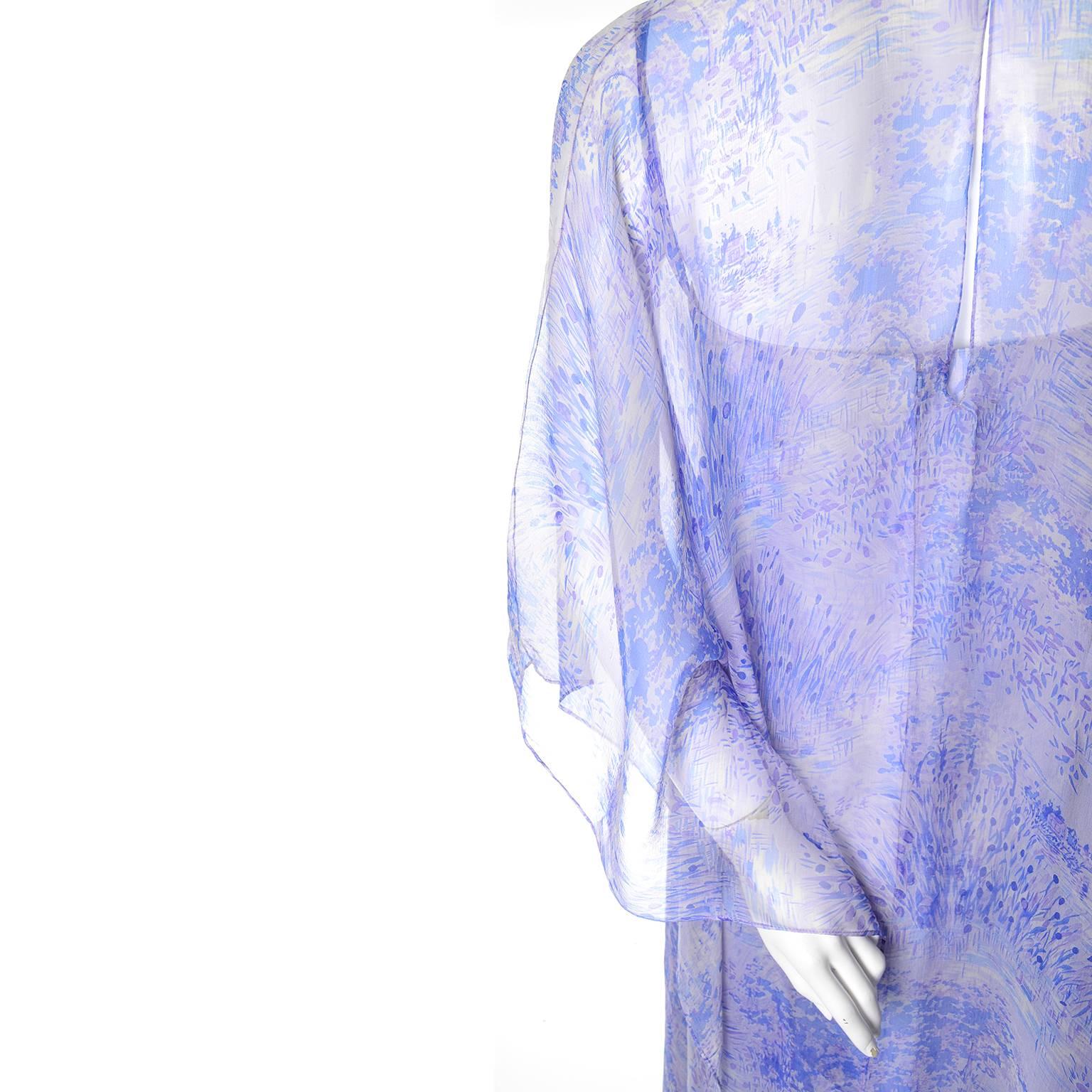 Purple 1970s Balmain Vintage Dress in Silk w/ Chiffon Caftan Overlay in Lavender Print