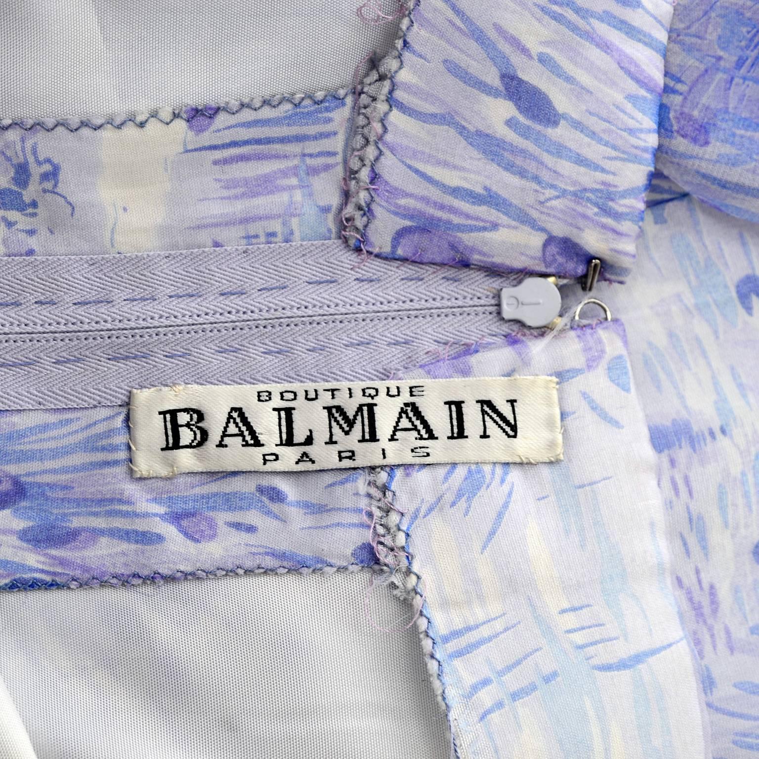1970s Balmain Vintage Dress in Silk w/ Chiffon Caftan Overlay in Lavender Print In Excellent Condition In Portland, OR