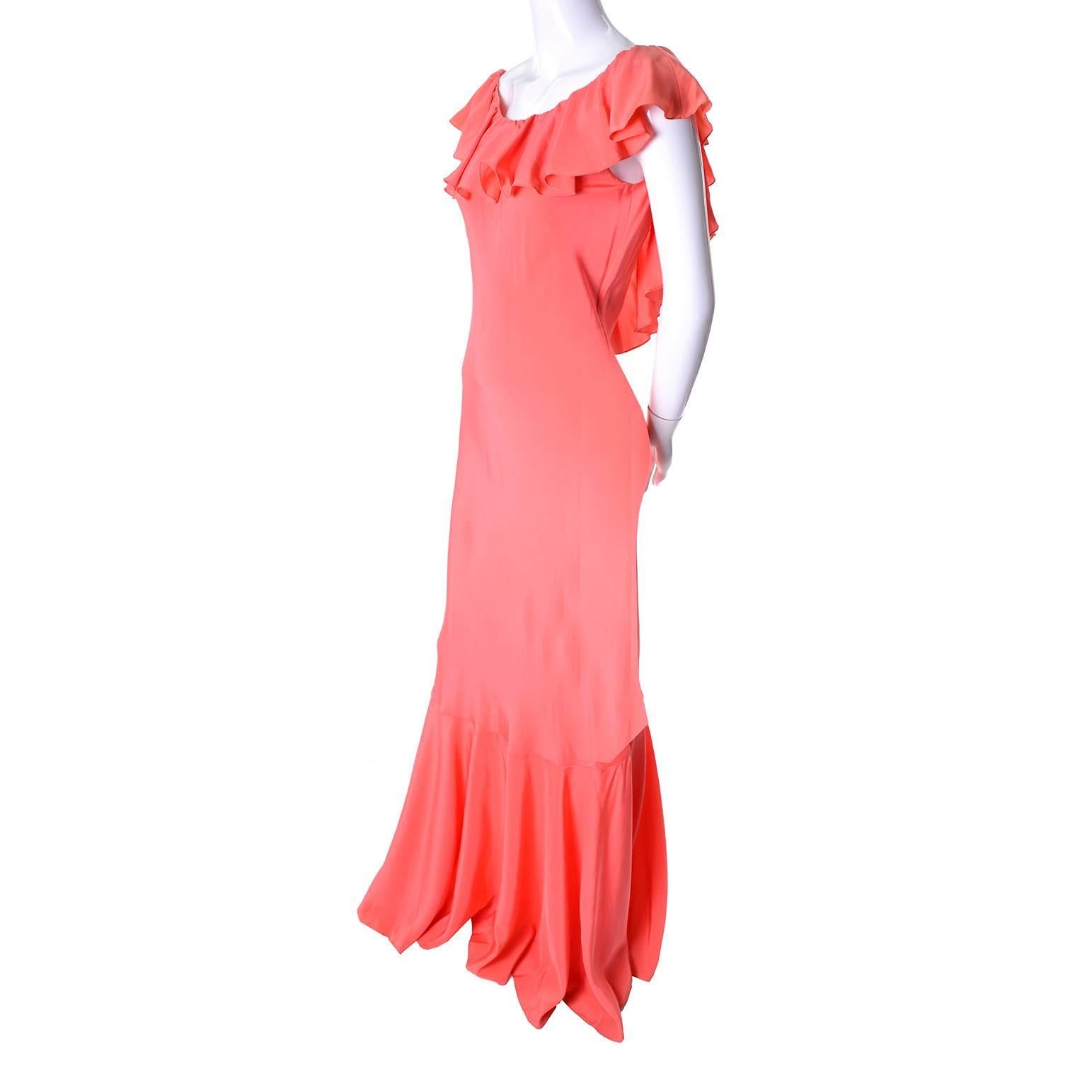 Pink Oscar de la Renta Vintage Salmon Silk Dress With 10 Ruffles, 1990s 