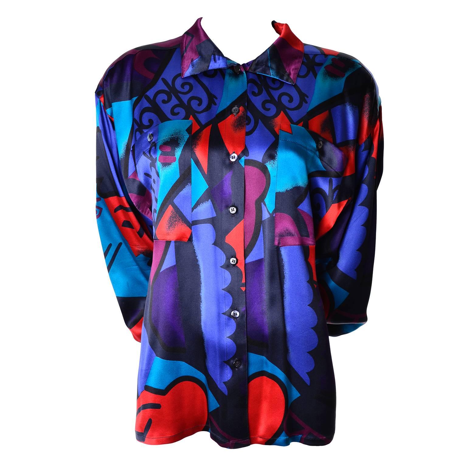 1980s Abstract Vintage Escada Blouse in Silk Designed By Margaretha Ley 8/10