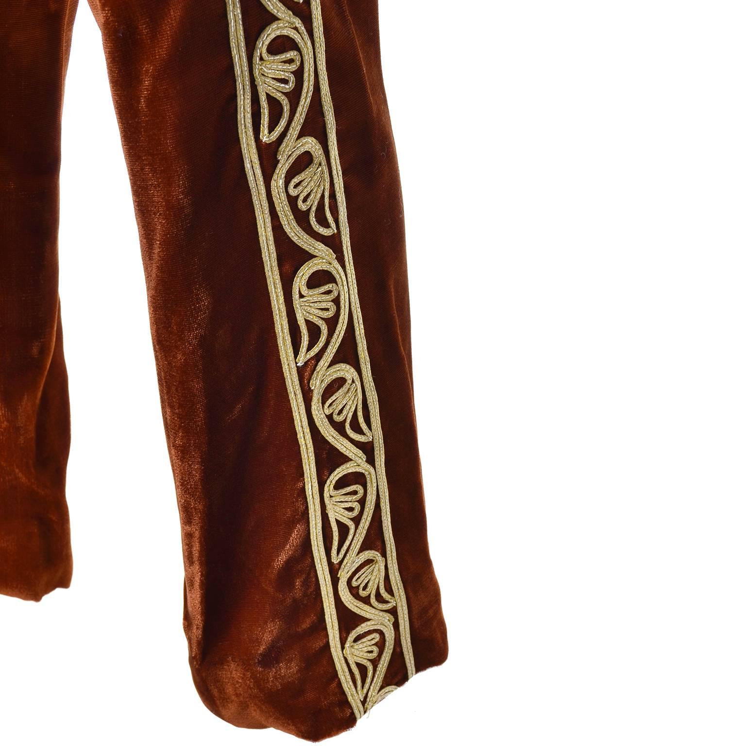 Brown 1970s Afghanistan Velvet Pantsuit Bohemian w/ Embroidered Waistcoat & Pants