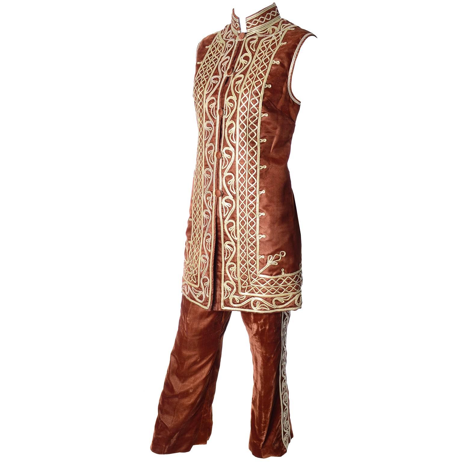 1970s Afghanistan Velvet Pantsuit Bohemian w/ Embroidered Waistcoat & Pants