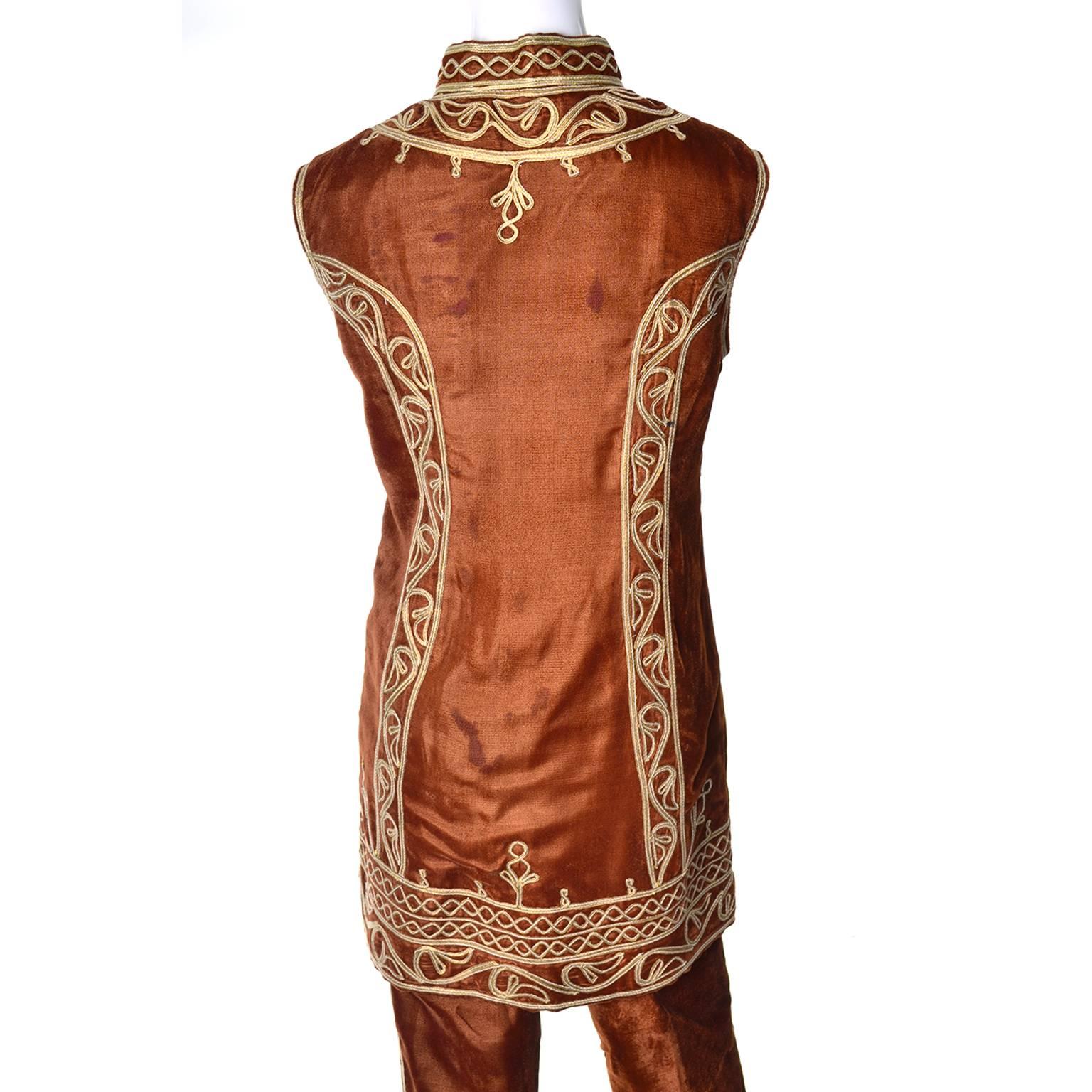 Women's 1970s Afghanistan Velvet Pantsuit Bohemian w/ Embroidered Waistcoat & Pants