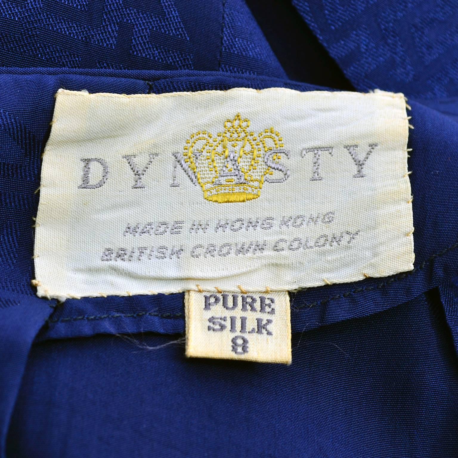 1960s Blue Silk Dynasty Vintage Dress Asian Moans Print 6/8 Hong Kong 1