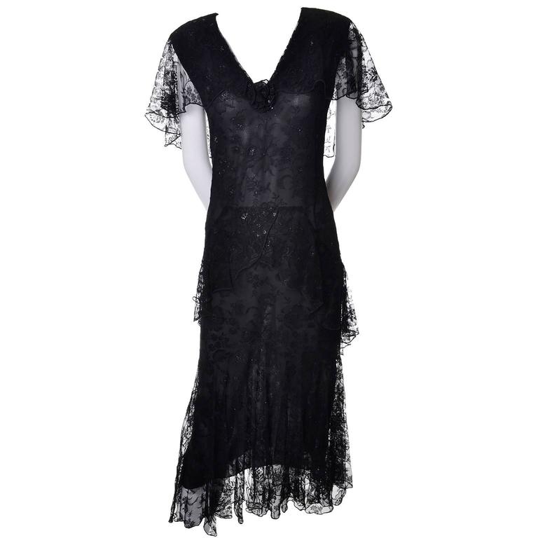 1970s Holly Harp Vintage Black Lace Layered Sparkle Dress 1930s Style 6 ...