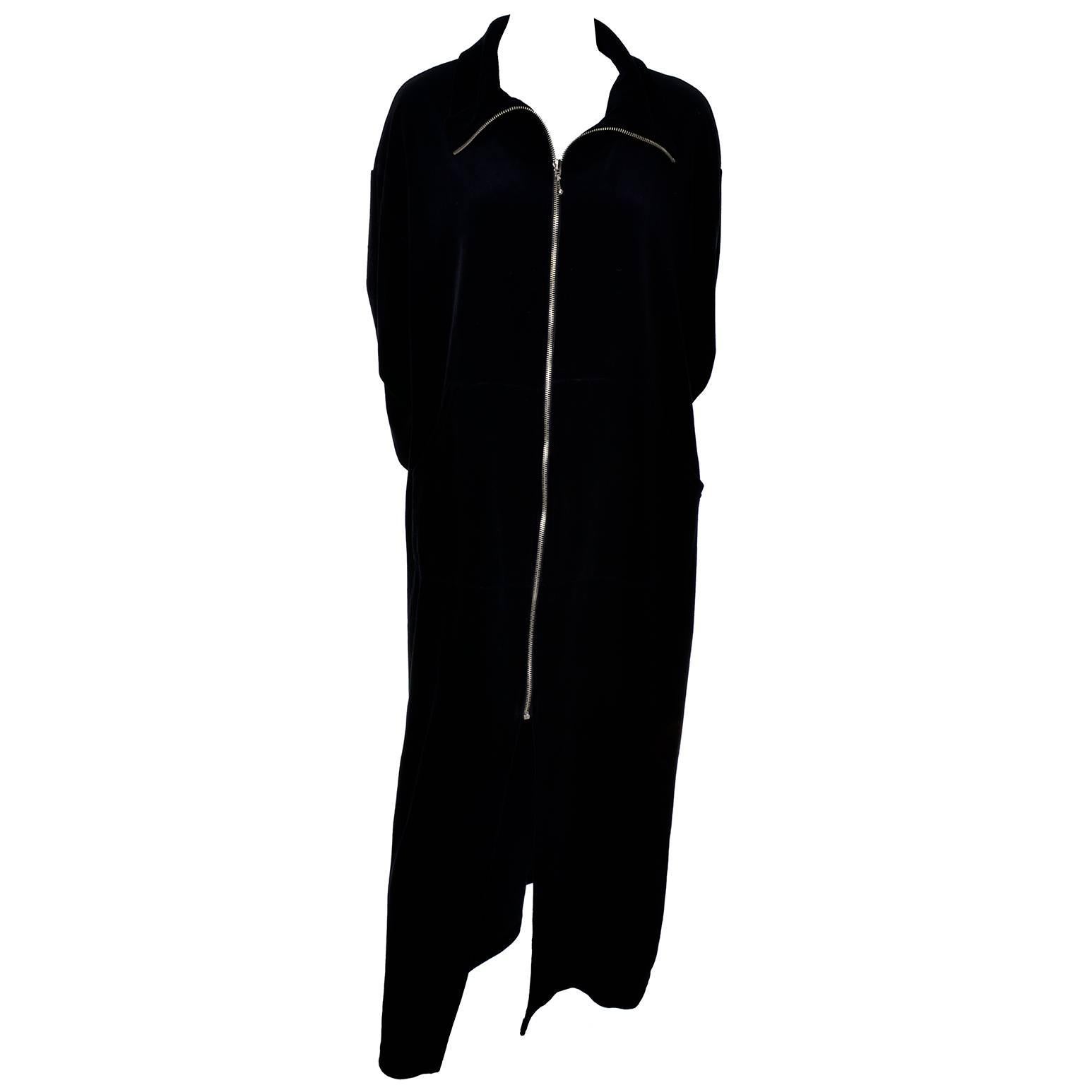 1990s Donna Karan Intimates Black Label Vintage Velveteen Robe Zip Front Medium 1