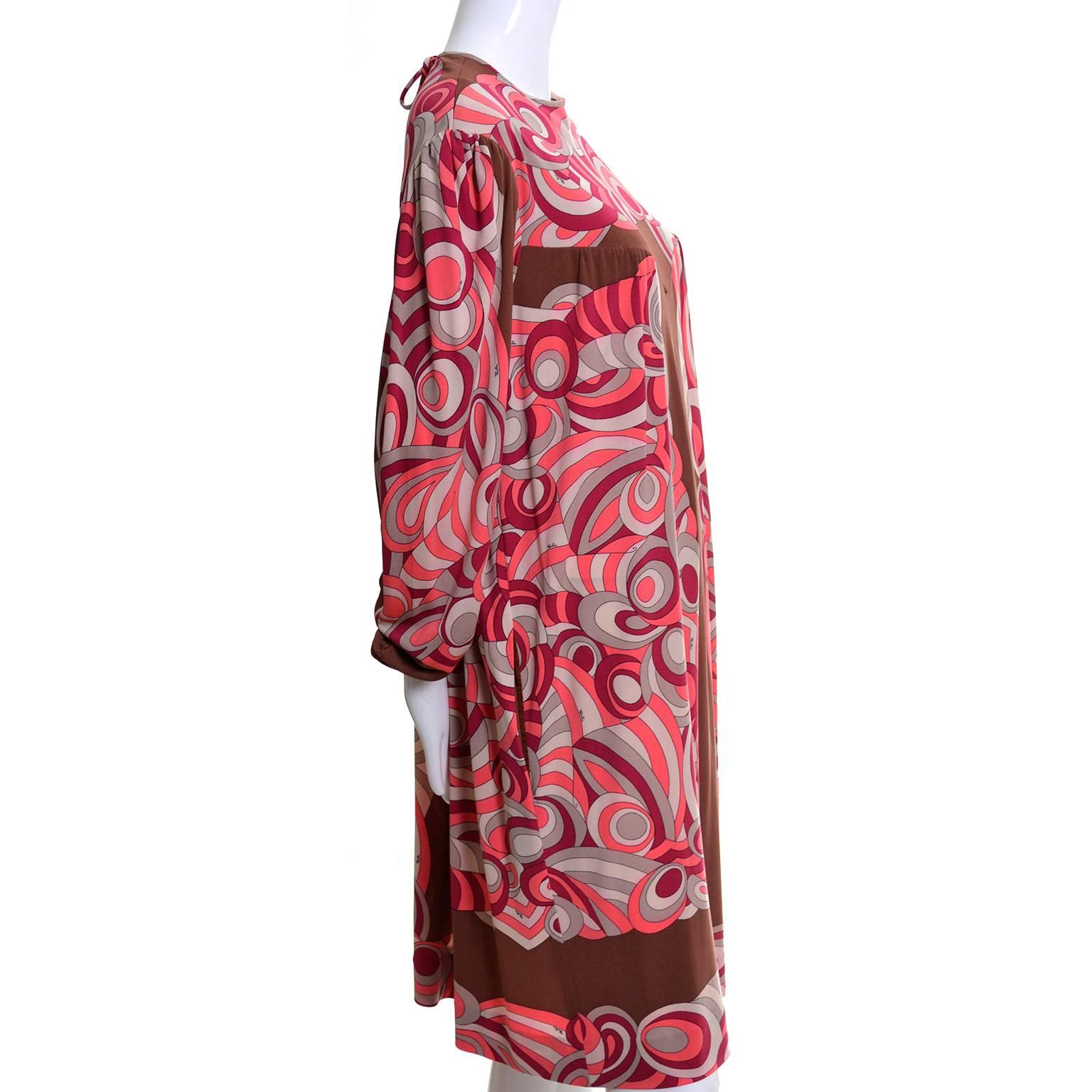 Women's 1970s Emilio Pucci Vintage Dress in Pink & Brown Silk Jersey Size 8/10