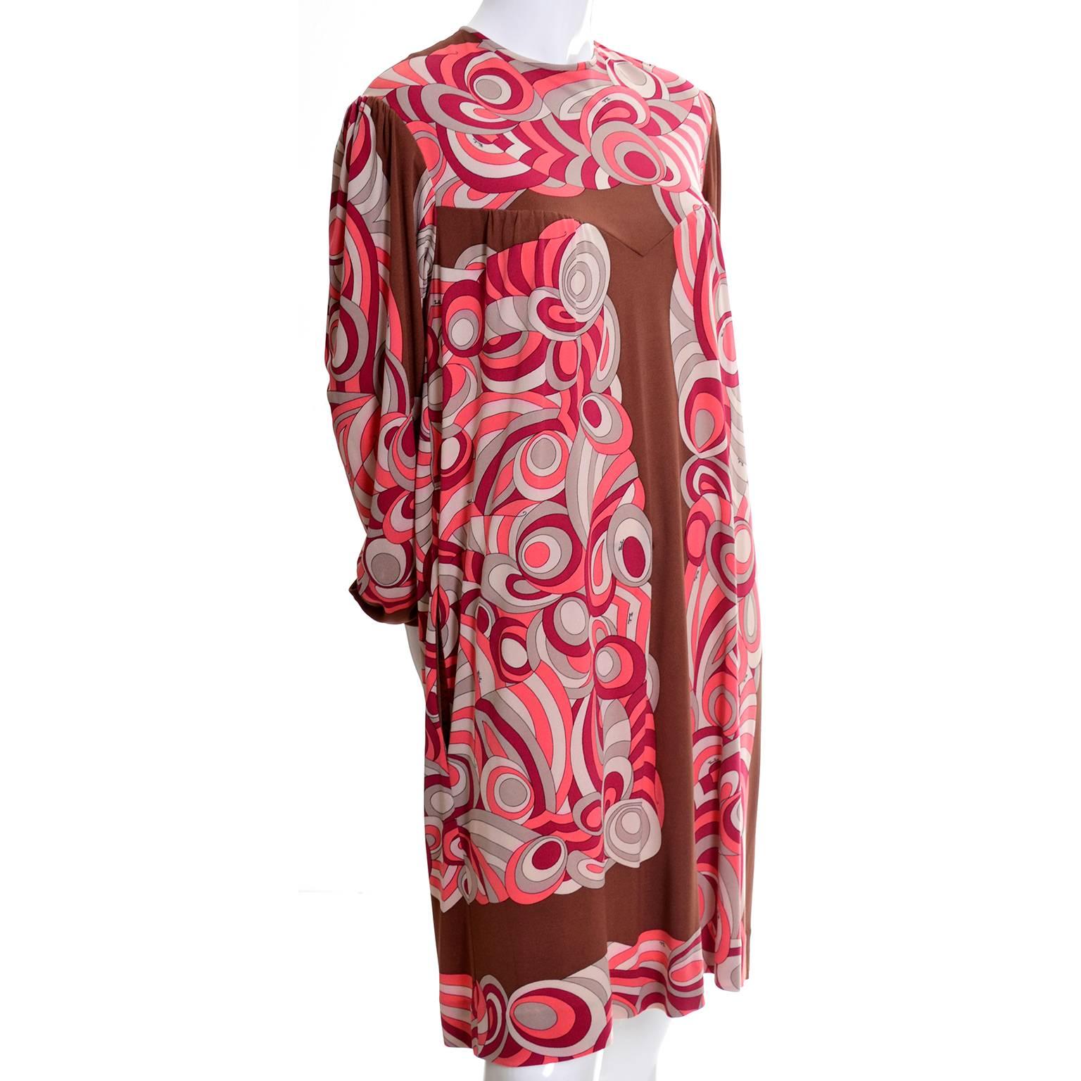 1970s Emilio Pucci Vintage Dress in Pink & Brown Silk Jersey Size 8/10 1