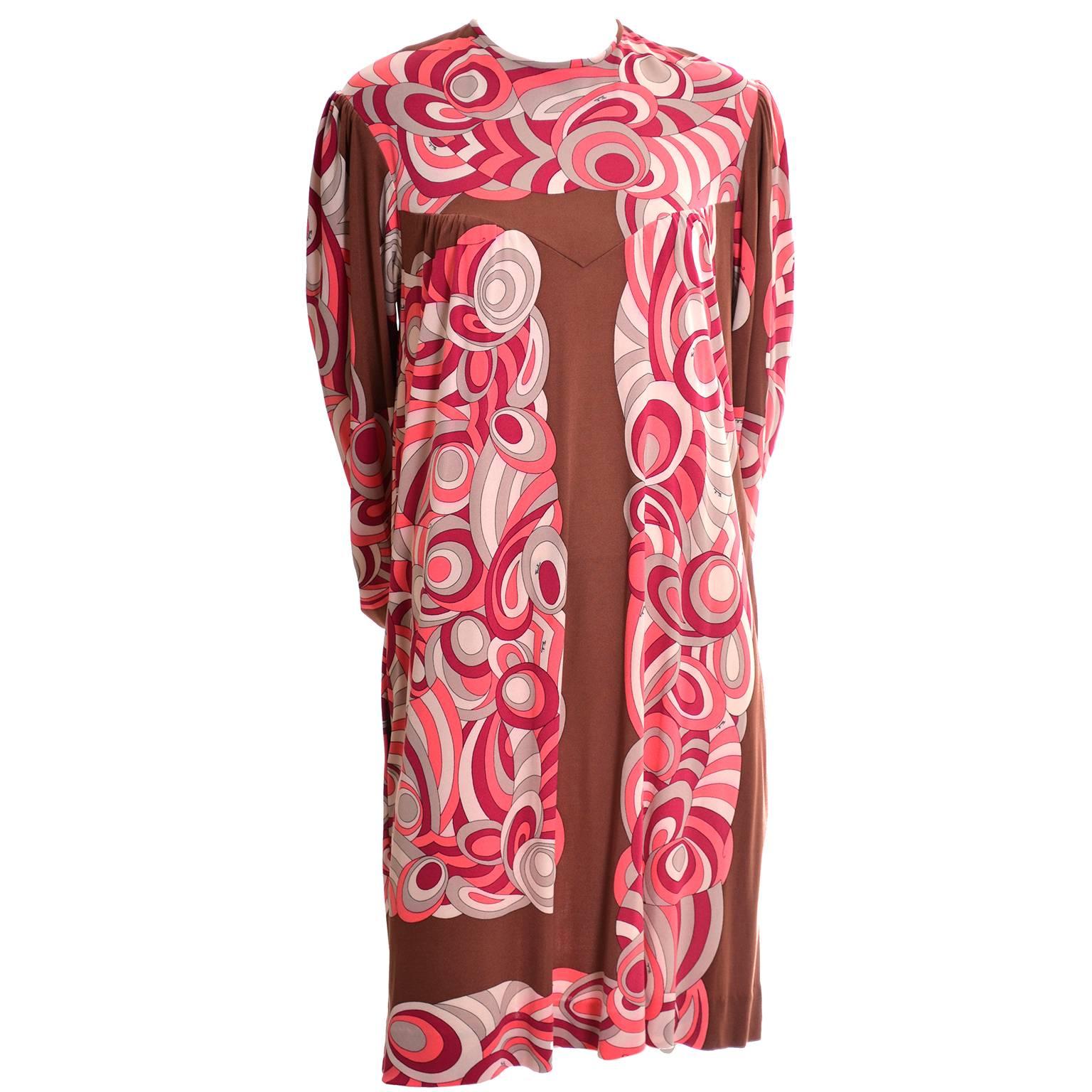 1970s Emilio Pucci Vintage Dress in Pink & Brown Silk Jersey Size 8/10 2