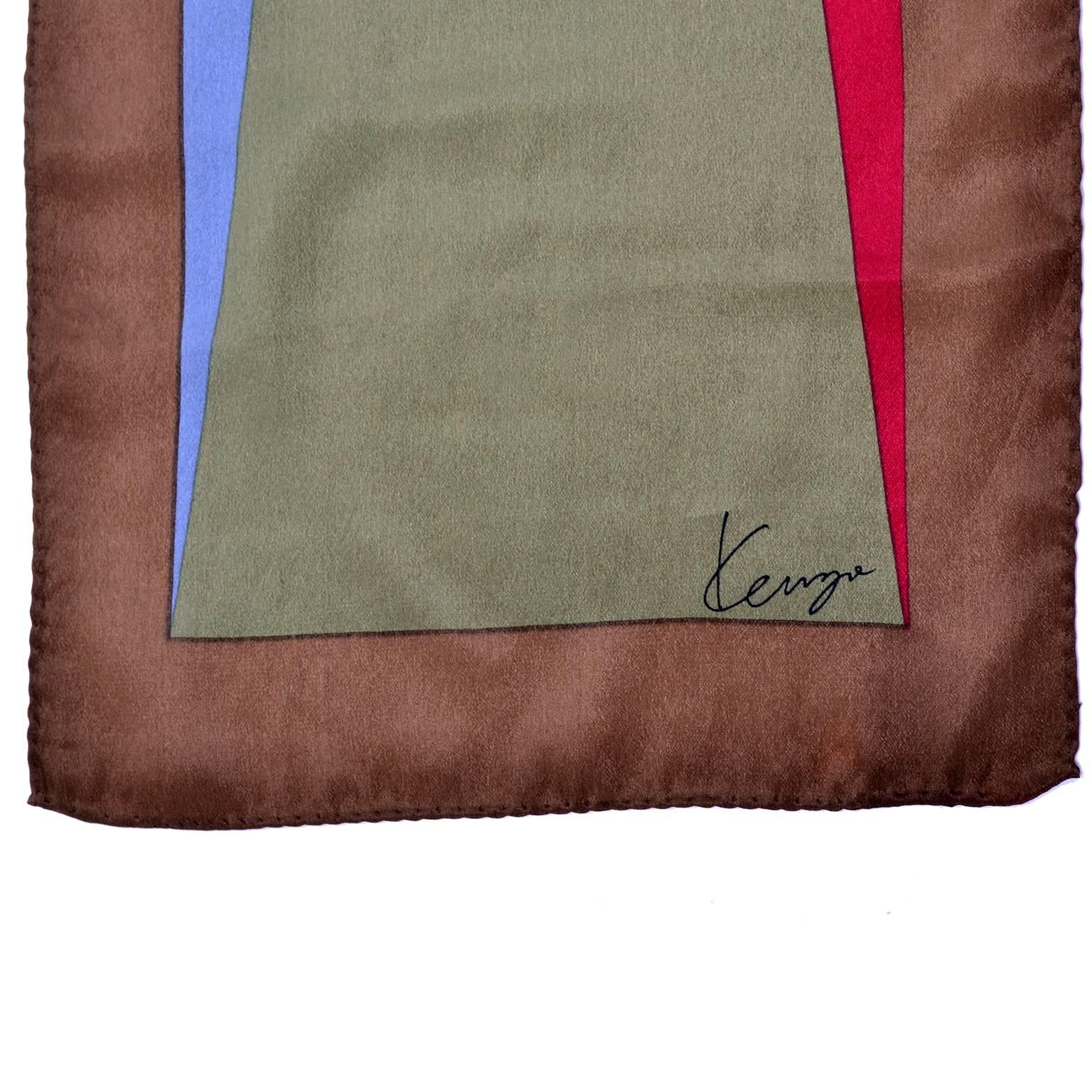 Brown Kenzo Vintage Scarf in Silk Abstract Geometrics Print