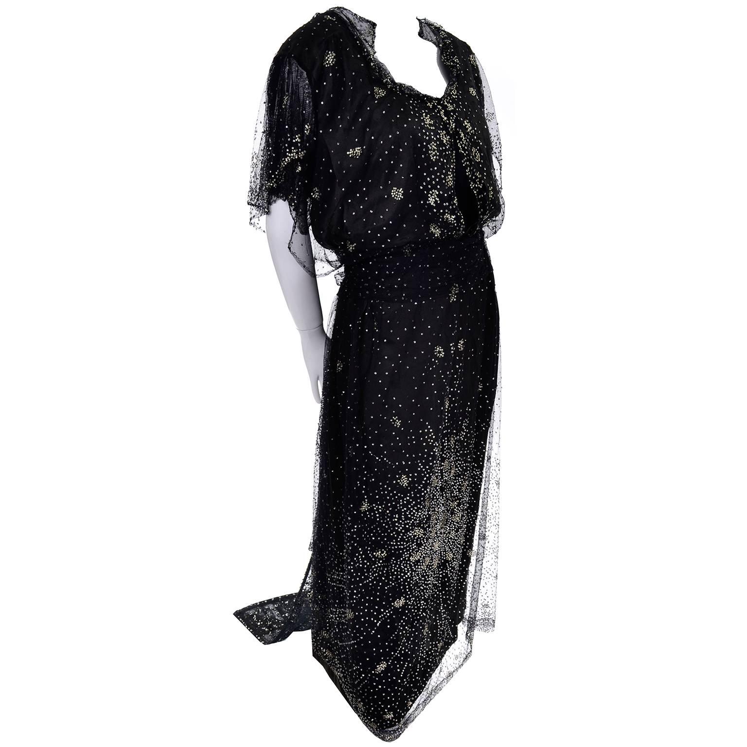 1910s Edwardian Lace Beaded Vintage Dress Starburst Design Mini Train For Sale
