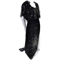 1910s Edwardian Lace Beaded Vintage Dress Starburst Design Mini Train