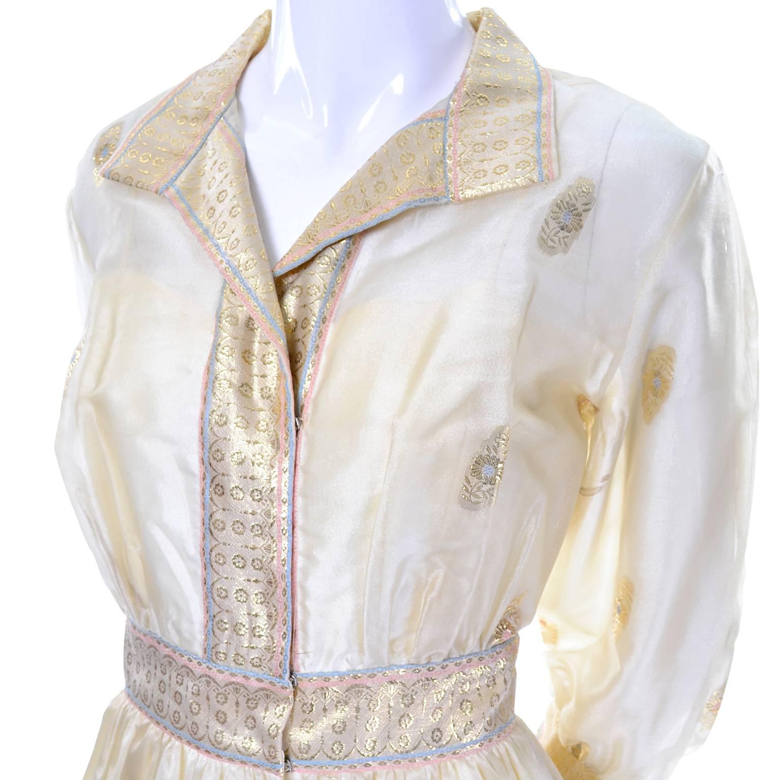 Women's 1960s Vintage Dress Soft Gold Metallic Gold Embroidery Ethnic Sari Inspired