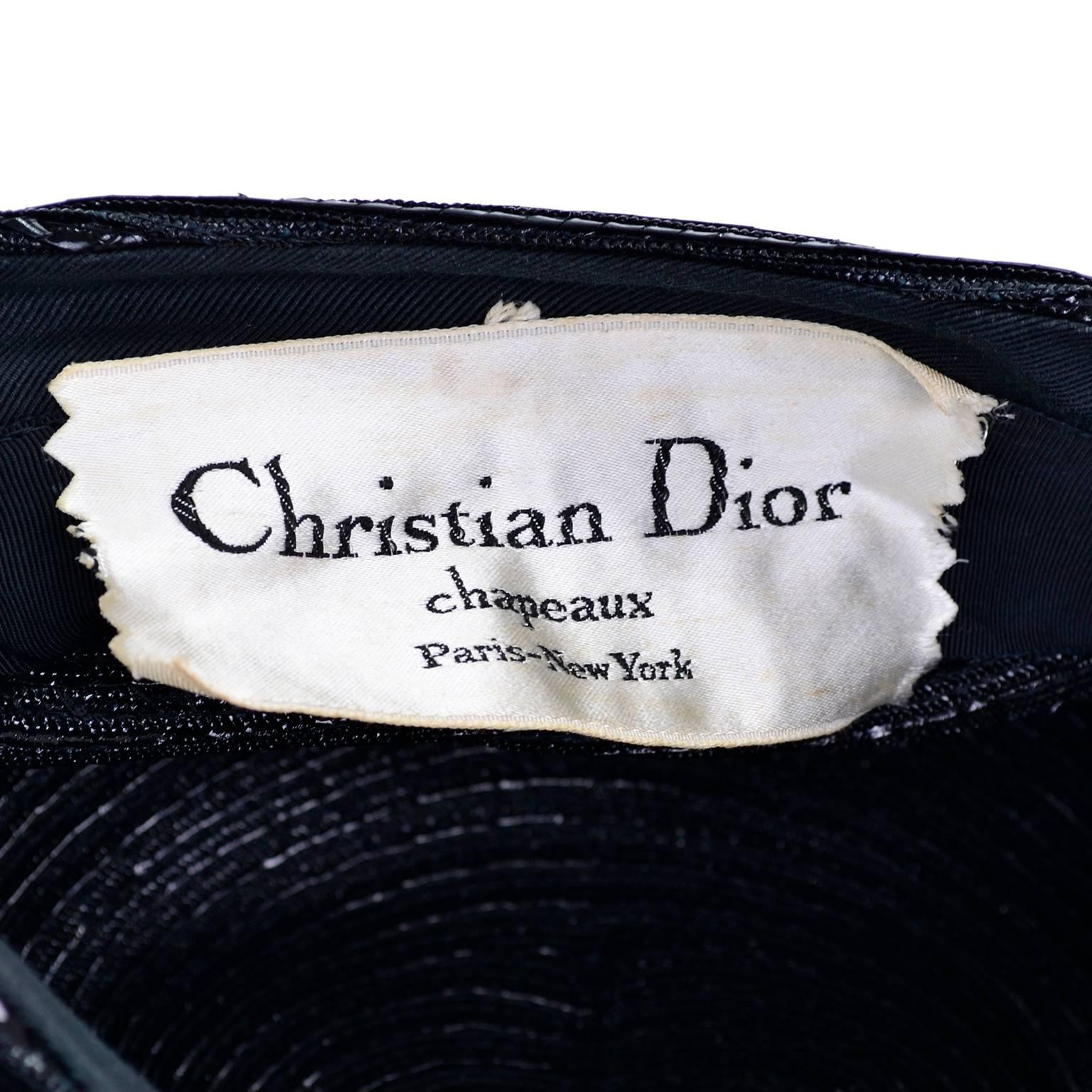 Women's 1960s Vintage Christian Dior chapeaux Turban Style Beret Hat Black Coated Straw