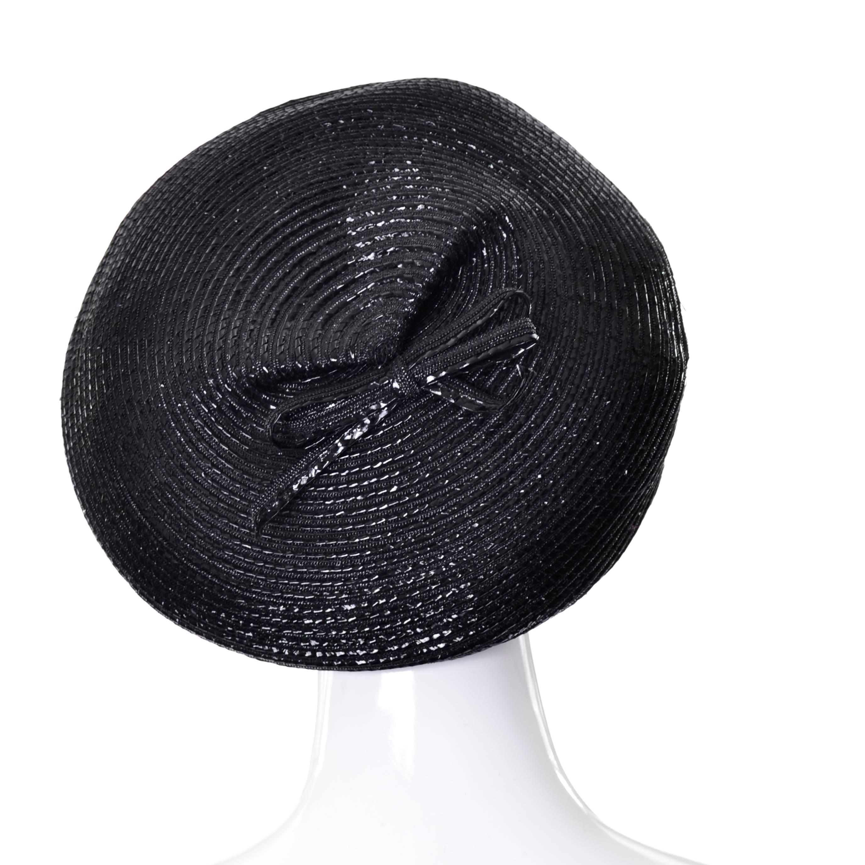 1960s Vintage Christian Dior chapeaux Turban Style Beret Hat Black Coated Straw In Excellent Condition In Portland, OR