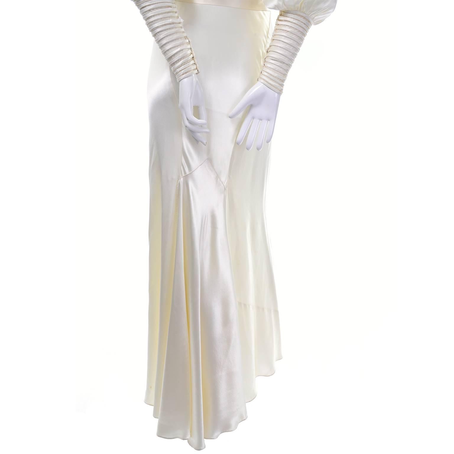 Women's Ivory Slipper Satin Wedding Dress Gown Leg of Mutton Sleeves, 1930s Kate Moss