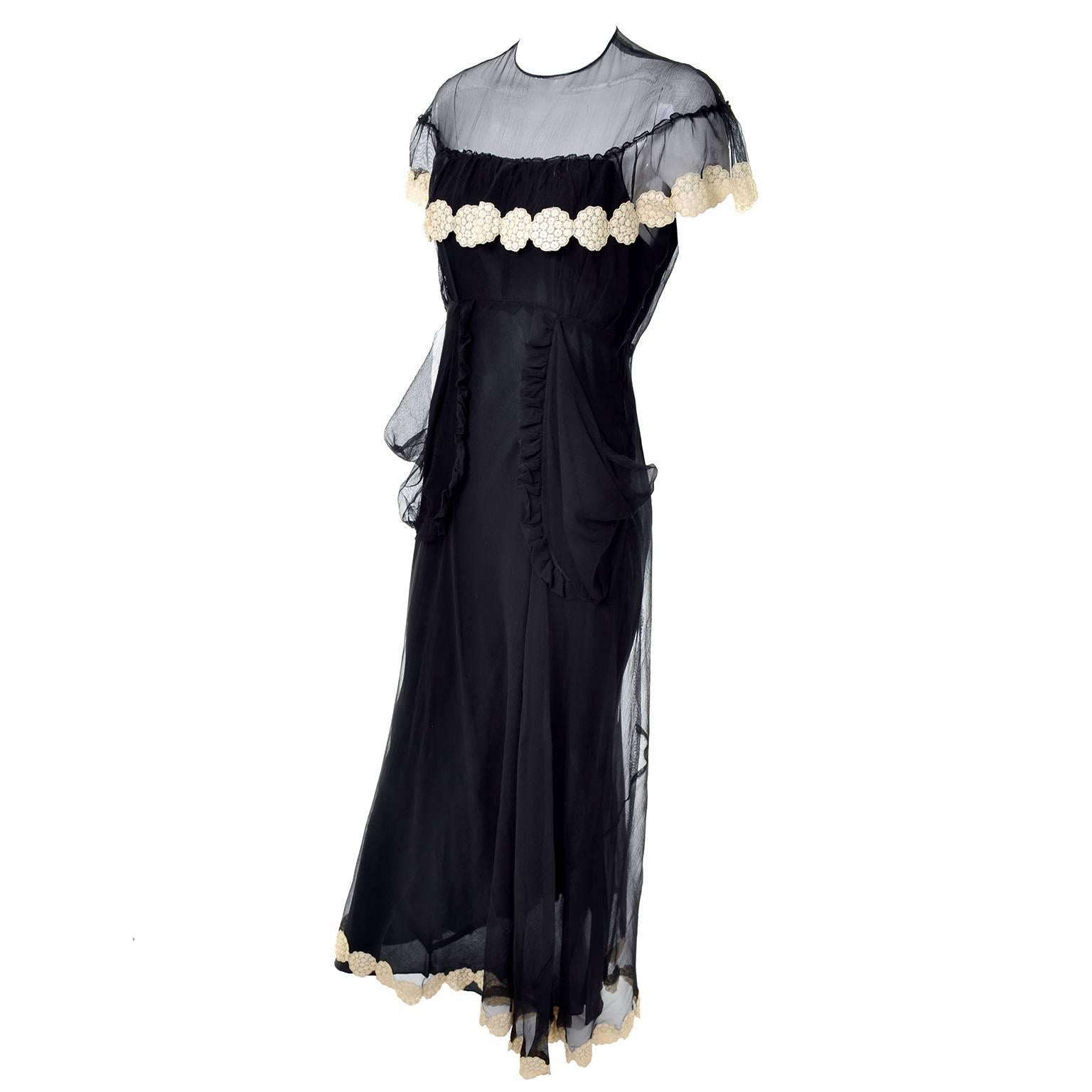 1930s Black Organza Vintage Dress Ivory Lace Applique Evening Gown In Excellent Condition In Portland, OR