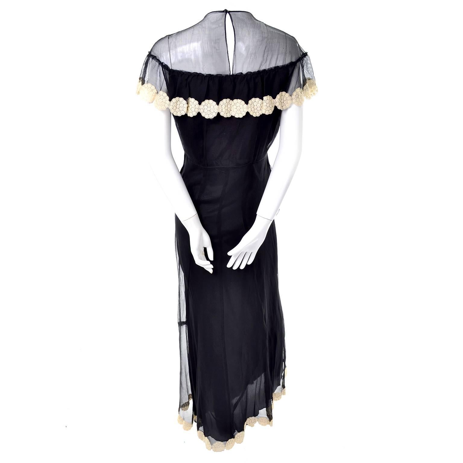 Women's 1930s Black Organza Vintage Dress Ivory Lace Applique Evening Gown