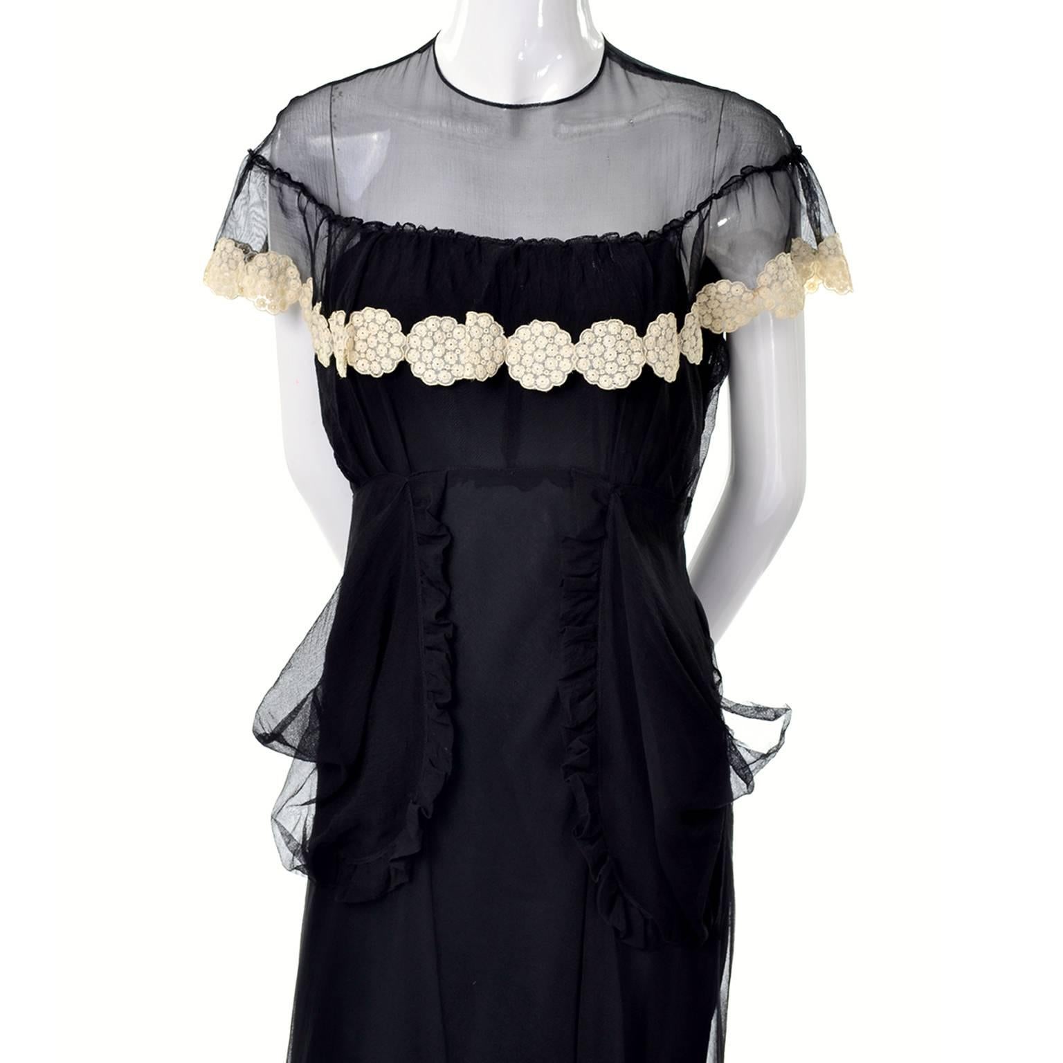 1930s Black Organza Vintage Dress Ivory Lace Applique Evening Gown 1